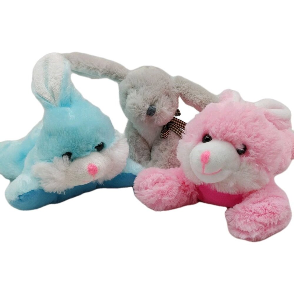 Greenbrier Easter Bunny Rabbits Grey Pink Blue Plush Stuffed Lot Of 3